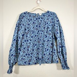 J. Crew Shirt Blue Floral Poplin Blouse Top Smocked Cuff Button Back Women M